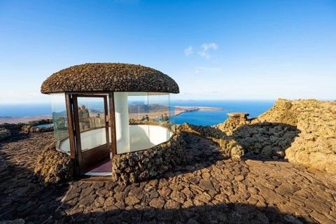 Staircase and viewing platform at the Mirador del RÃ­o viewpoint, in the evening light, designed by