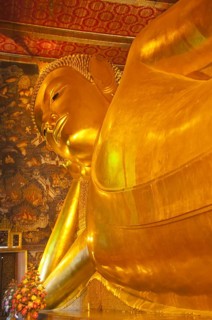 Head, Reclining Buddha, 45m long, 15m high, Wat Pho Temple, Bangkok, Central Thailand, Thailand,