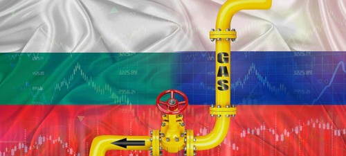 Gas pipeline with Russian and Bulgarian flag. Production and export of Russian gas to Bulgaria