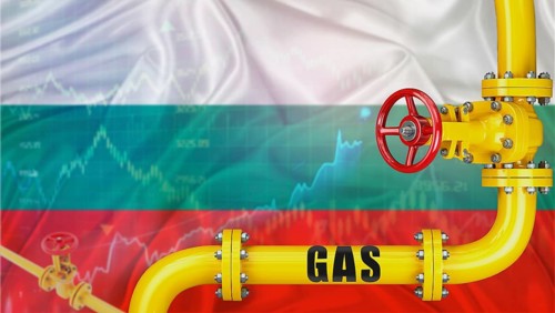 Gas pipeline with Bulgaria flag in the background. Gas production with Bulgarian flag on market