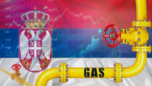 Gas pipeline with Serbia flag in the background. Gas production with Serbian flag on market chart