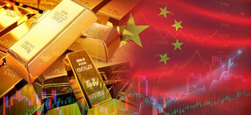 Gold bars stacked on Chinese flag. China gold reserves, Concept