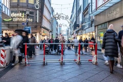 Pedestrian zone in Essen, secured by a mobile anti-terrorist lock, modular, movable barrier against