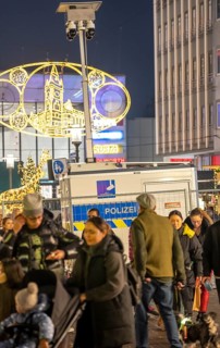 Police video surveillance at the Porsche pulpit, in front of the market church in downtown Essen,