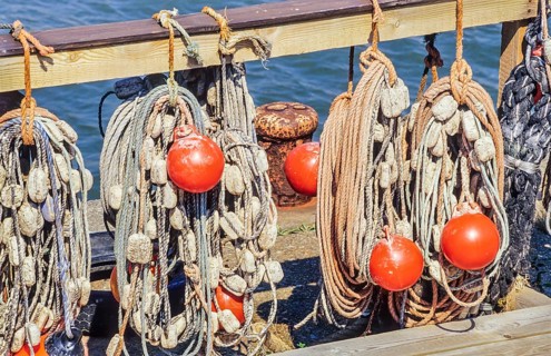 Bundled, rolled up, weathered ropes with floats and red buoys hang on a wooden structure in a