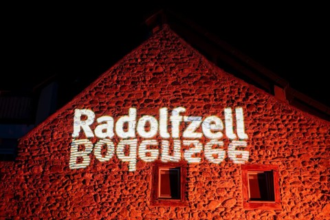 Projected lettering Radolfzell and Lake Constance, official logo of the city of Radolfzell on Lake