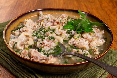 Muzhuzhi, a Georgian dish made from pork legs, with spices and herbs, homemade