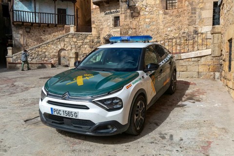 Guardia Civil, Civil Guard, CitroÃ«n C4 car medieval village of AlbarracÃ­n, Teruel province,