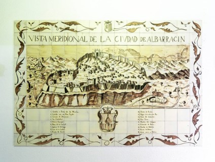 Historic ceramic tiles view of medieval fortified walled town, AlbarracÃ­n, Teruel province,