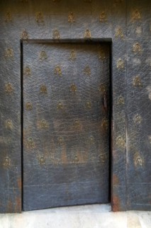 Ancient wooden door entrance to former convent, Hotel Arabia, AlbarracÃ­n, Teruel province, Aragon,