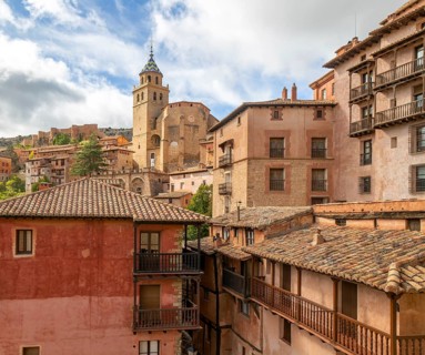 Historic buildings in medieval village of AlbarracÃ­n, Teruel province, Aragon, Spain view to