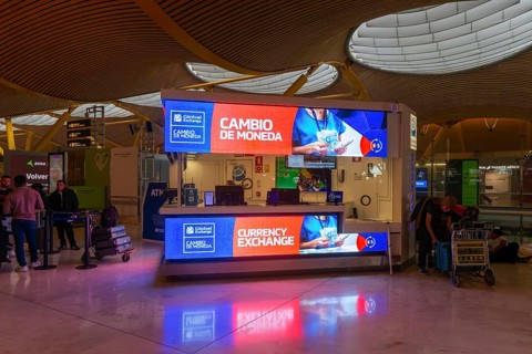 Cambio de Moneda currency exchange desk inside terminal 4 building, Adolfo SuÃ¡rez Madridâ€“Barajas