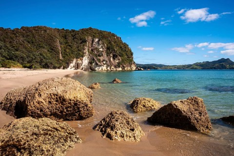 Landscape with sea and sandy beach in New Zealand. Lonely Bay, Shakespeare Cliff, Cooks Beach,