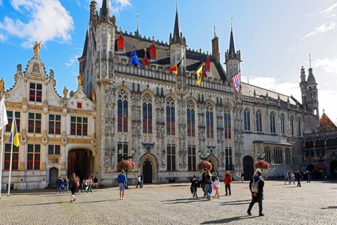 Historic Town Hall of Bruges on Castle Square, Stadhuis, (center of picture) as well as former
