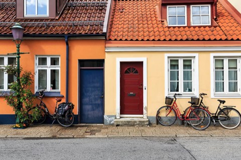 Colourful traditional houses, picturesque old town, Ystad, Sweden
