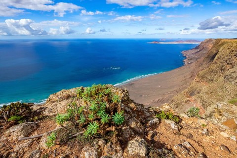 View from the Castillejo viewpoint from the Risco de Famara cliffs to the coast and the sea with