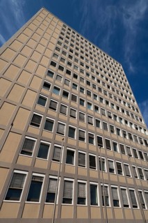 Facade of the heritage-protected PlÃ¤rrer Tower or EWAG Tower from the 1950s, Nuremberg, Middle