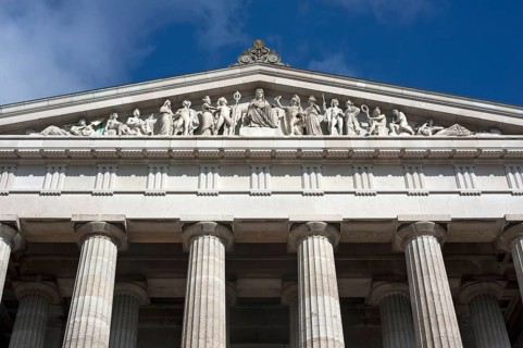 Tympanum sitting on it with sculptures, front of the Valhalla Memorial, honoring important