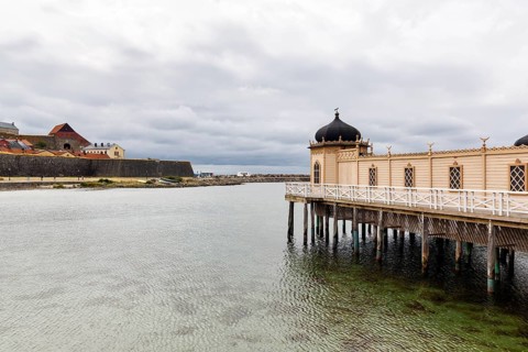 Kallbadhuset Varberg, cold bath house and sauna on the beach, Moorish style, Varberg, Halland,