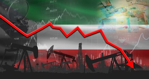 Fall oil price with Kuwaiti flag on economic chart, Petrol crisis with Kuwaiti flag on financial