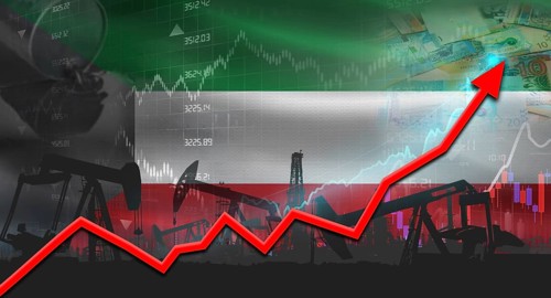 Growth of oil industry with Kuwaiti flag. Oil pumps with Kuwaiti flag. Oil production with Kuwait