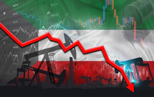Crude crisis with Kuwaiti flag on financial graph. Fall oil price with flag of Kuwait on economic