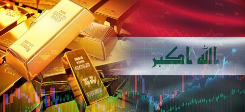 Gold bars stacked on Iraqi flag. Iraq gold reserves, Concept
