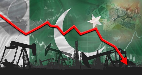 Fall oil price with Pakistani flag on economic chart, Petrol crisis with Pakistani flag on