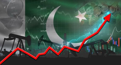 Growth of oil industry with Pakistani flag. Oil pumps with Pakistani flag. Oil production with