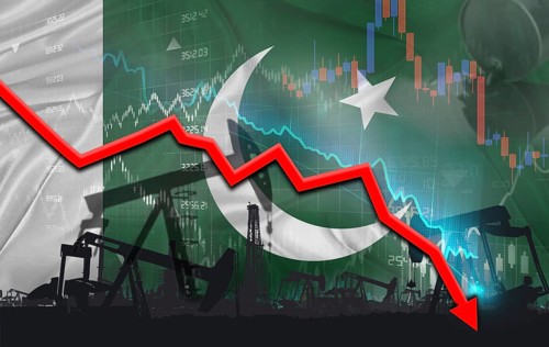 Crude crisis with Pakistani flag on financial graph. Fall oil price with flag of Pakistan on