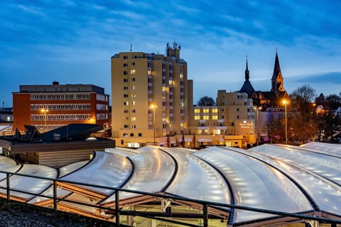 Skyline of Essen-Steele, high-rise building of the Kaiser-Otto-Residenz seniors residence, St.