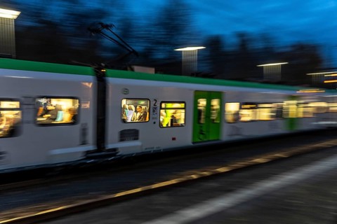 S-Bahn train on the way, at Essen-Steele tram station, North Rhine-Westphalia, Germany
