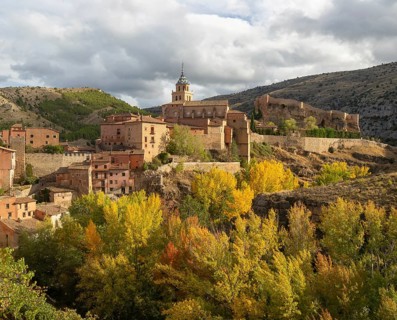 Historic buildings on hillside medieval village of Albarracin, Teruel province, Aragon, Spain