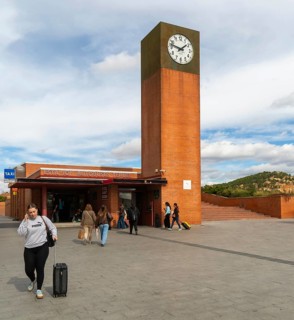 Modern architecture of bus station and clock tower, Estacion Autobuses, city of Teruel, Aragon,