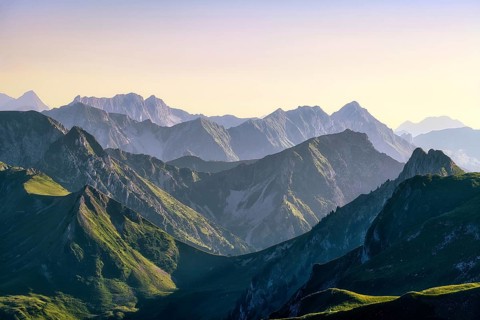 View from Mount Gantrisch, sunset over the Bernese and Fribourg Pre-Alps, Canton of Bern,