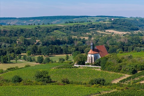 Pilgrimage church Maria im Weingarten, amidst green vineyards and rolling hills in a rural summer