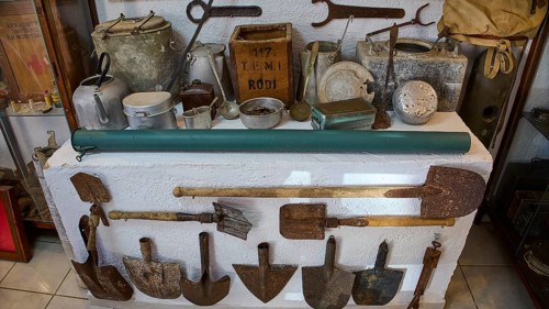 Exhibition of tools and cooking utensils mounted on a wall, War Museum, Military Museum, Private