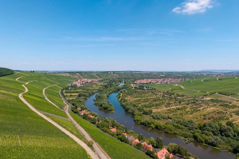 Mainschleife in summer, charburner near Volkach, behind Escherndorf, Nordheim and Vogelsburg,