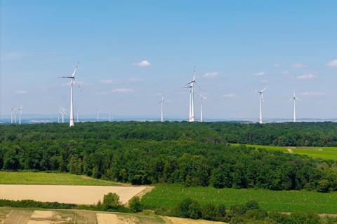 Several wind turbines on the horizon above a forest and fields, under a blue sky, near Volkach,