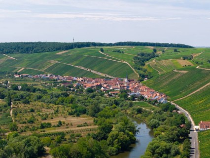 Small village surrounded by green hills and farmland, flanked by a river, Escherndorf near Volkach,