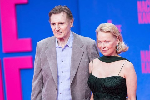 Liam Neeson and Pamela Anderson at the film premiere of The Naked Gun at the UCI Luxe East Side