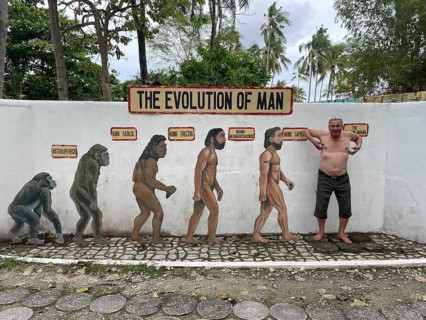Evolution of anatomically modern man (Homo sapiens), parody, satire, funny, humour, scratching like