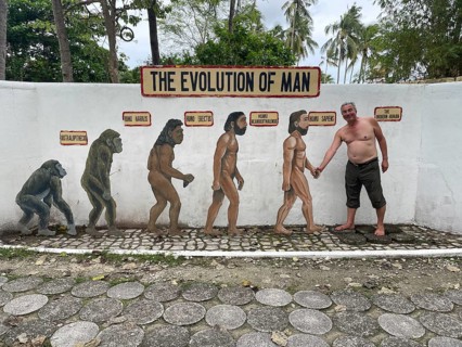 Evolution of anatomically modern man (Homo sapiens), parody, satire, funny, humour, shaking hands