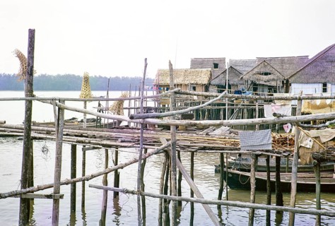 Attap houses and wooden jetties in fishing village on stilts, Singapore, southeast Asia 1963