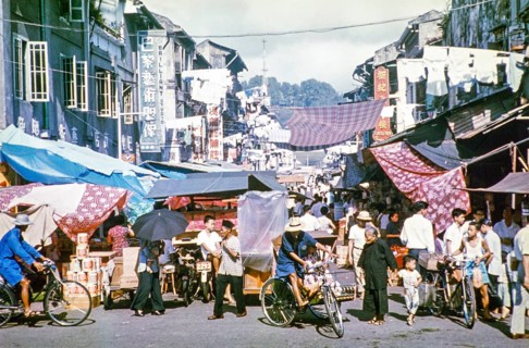 People at busy street market in Singapore, southeast Asia, c 1964