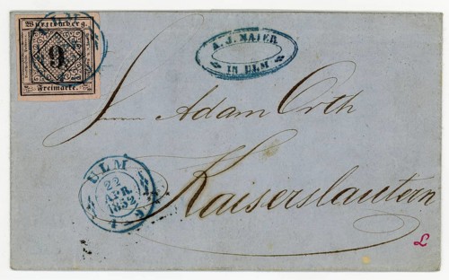9 Kreuzer stamp from Württemberg on a letter to Ulm, 1852, Germany, Historical, digitally restored