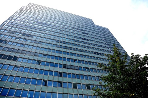 Facade of the Dreischeibenhaus, Dreischeibenhochhaus, architect Helmut Hentrich, 94 metre high