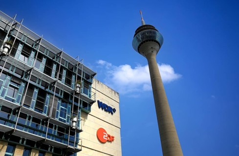 The WDR broadcasting centre in Düsseldorf, in the background the Rhine Tower, Radio Tower,
