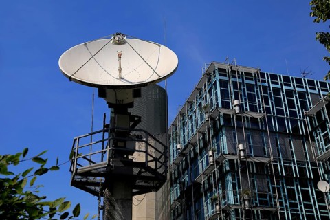 Parabolic antenna, satellite dish at the WDR broadcasting centre in Düsseldorf, North