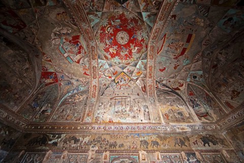 Paintings on the wall and ceiling in the Garh Palace or Rajput Palace, Bundi, Rajasthan, India